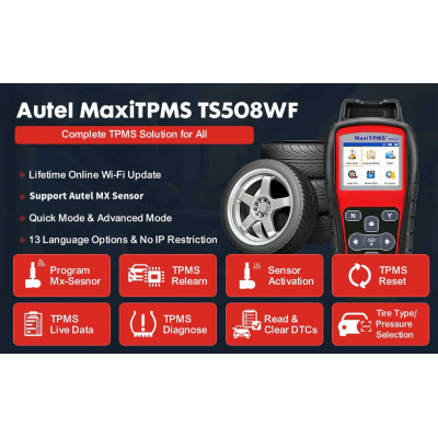 Il nuovo Autel MaxiTPMS TS508WF Advanced TPMS Service Tool con aggiornamenti WI-FI è uno strumento di diagnostica e assistenza TPMS di nuova generazione appositamente progettato per attivare tutti i sensori TPMS conosciuti