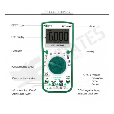 BEST Logo LCD display Model Function range switch 10A current test socket mA: is less than 100mA COM: negative input