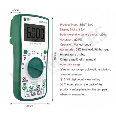 Product Type: BEST-58X Display Digits: 4 3/4 Body weight(No battery pack): 230g Accuracy: +0.5% Operation: Manual range Accessories: 58X, test lead, 5th battery, temperature probe, Chinese and English manual.