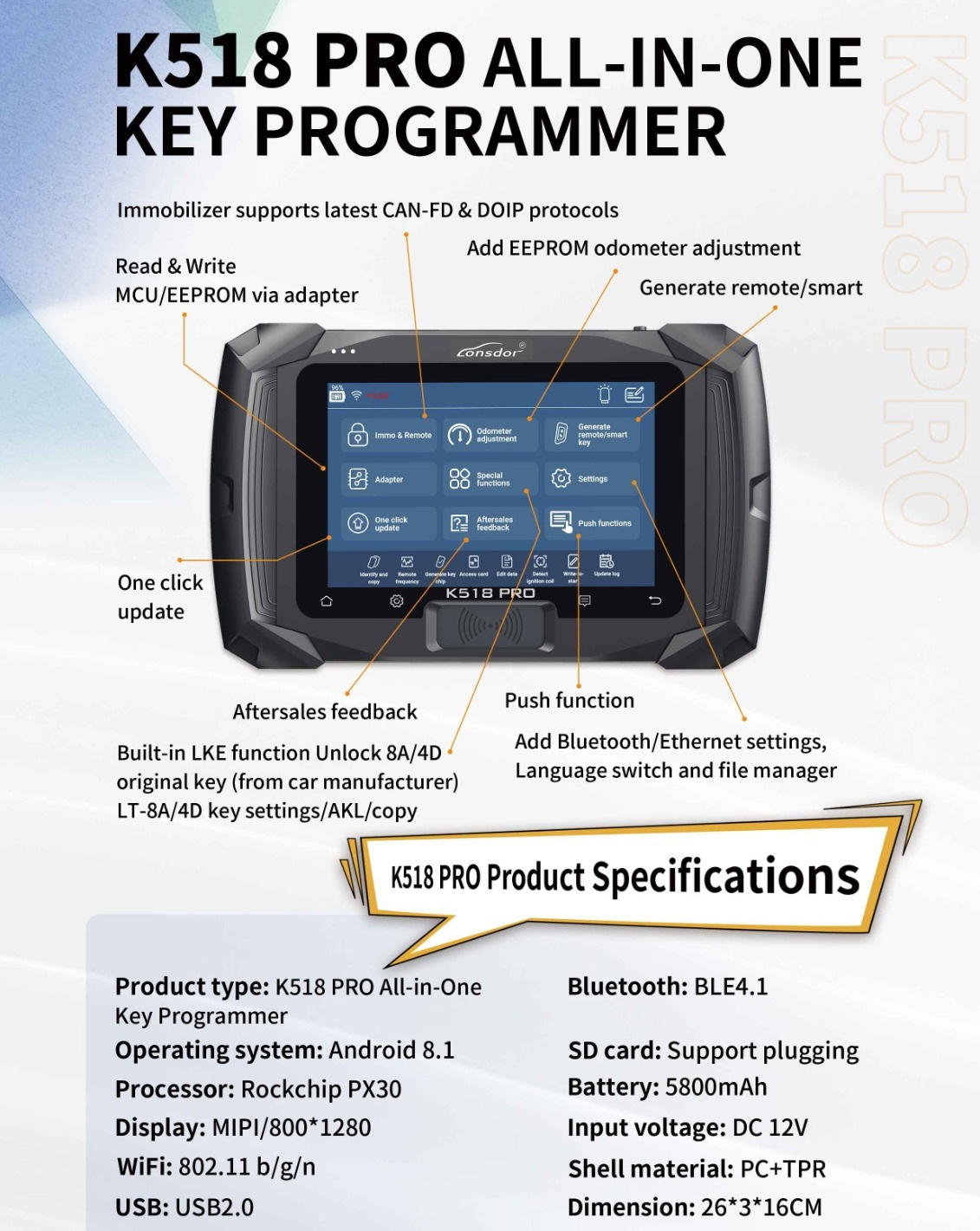Dispositif de programmation de clé Lonsdor K518 Pro