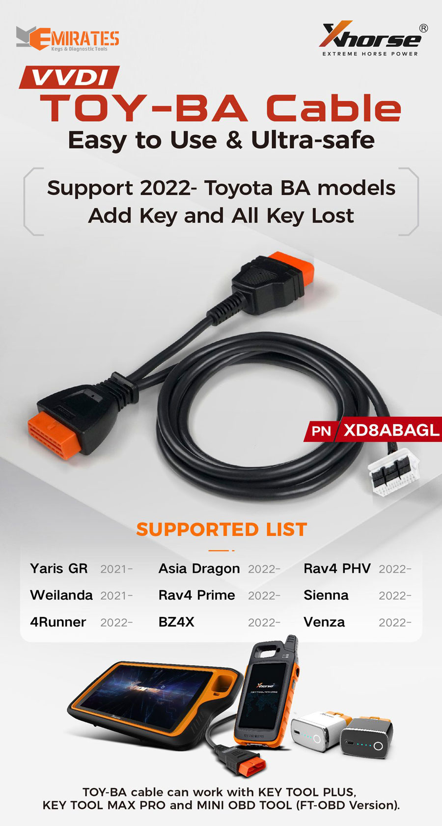 Новый адаптер Xhorse XD8ABAGL TOY-BA Toyota BA All Keys Lost Adaptor для 2022 года — Toyota BA Add Key и AKL Работает с VVDI Key Tool Plus, Key Tool Max Pro и FT-Mini OBD Tool | Ключи Эмирейтс