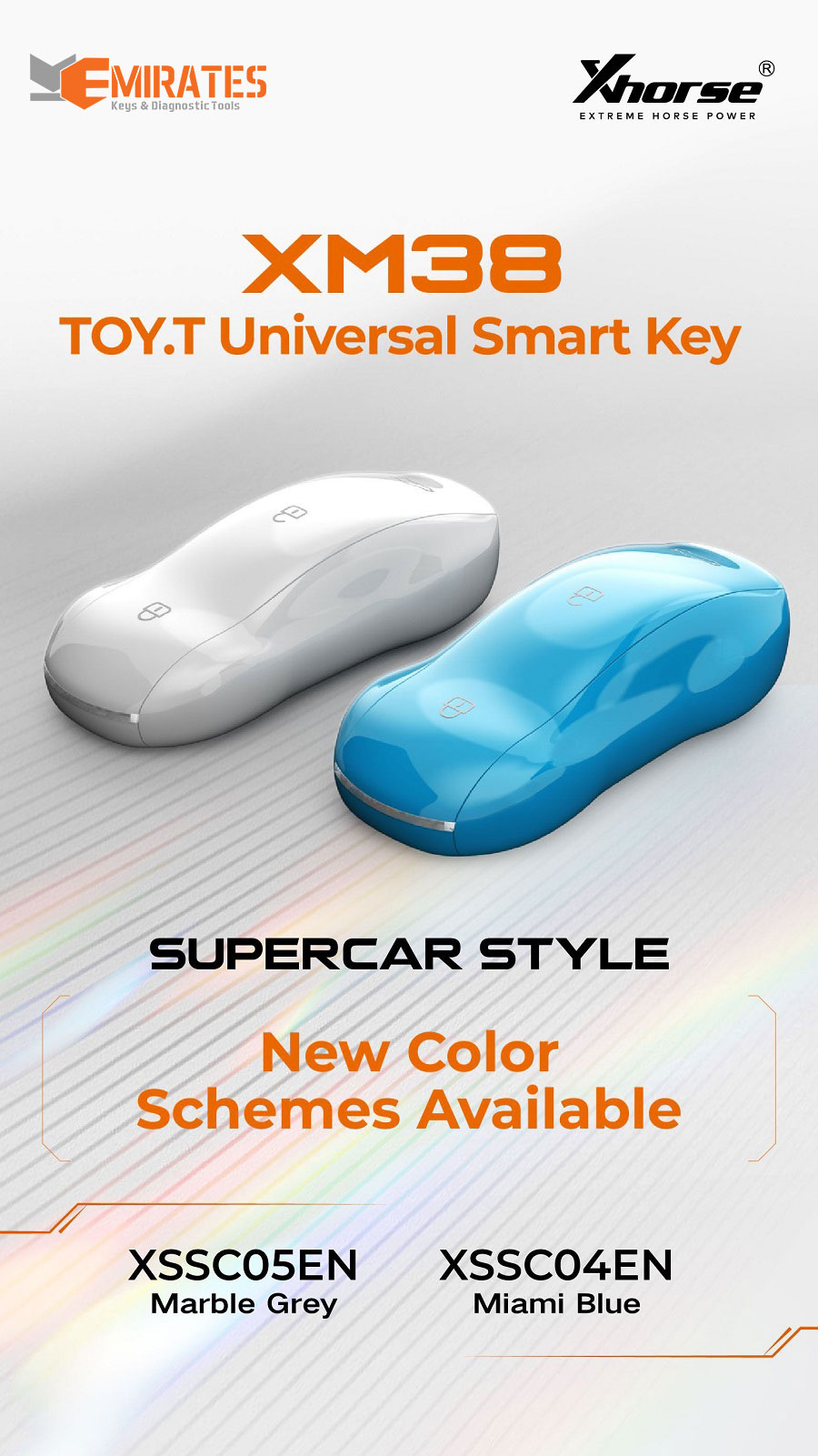 Nuova chiave telecomando intelligente universale Xhorse XSSC04EN XM38 TOY.T a 3 pulsanti, stile supercar, blu Miami | Emirates Keys