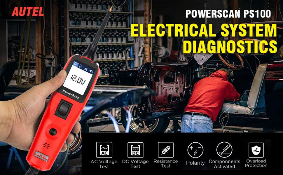 Autel PowerScan PS100 جهاز اختبار دارة السيارات أداة تشخيص النظام الكهربائي فاحص جهد دائرة السيارة مقياس الفولتميتر الرقمي دعم قراءة الجهد والتيار والمقاومة